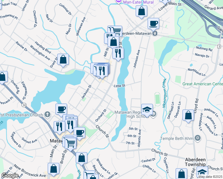 map of restaurants, bars, coffee shops, grocery stores, and more near 119 Broad Street in Matawan