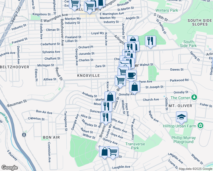 map of restaurants, bars, coffee shops, grocery stores, and more near 167 Knox Avenue in Pittsburgh