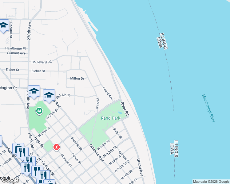 map of restaurants, bars, coffee shops, grocery stores, and more near 1624 River Road in Keokuk