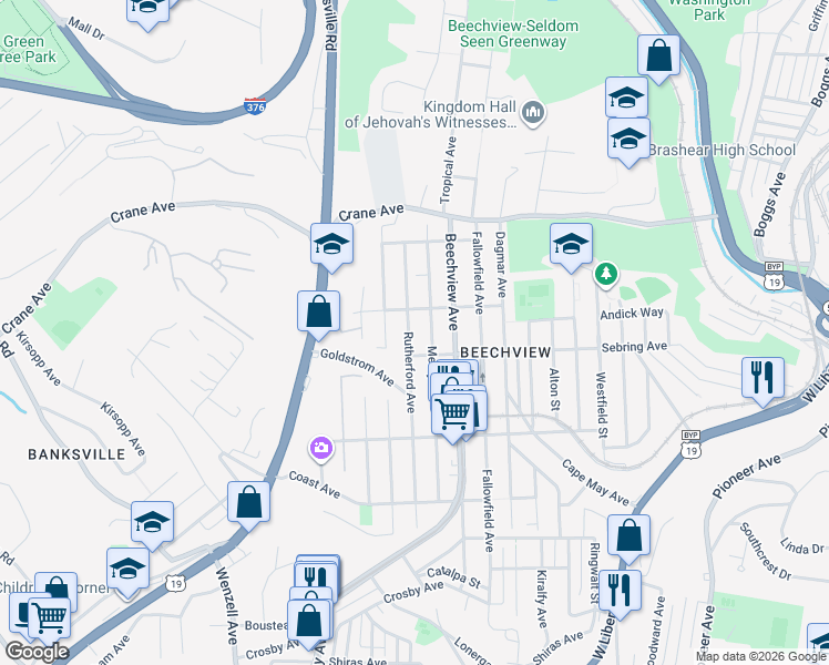 map of restaurants, bars, coffee shops, grocery stores, and more near 1415 Rutherford Avenue in Pittsburgh