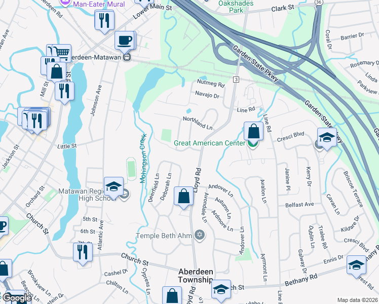 map of restaurants, bars, coffee shops, grocery stores, and more near 3 Noble Place in Matawan