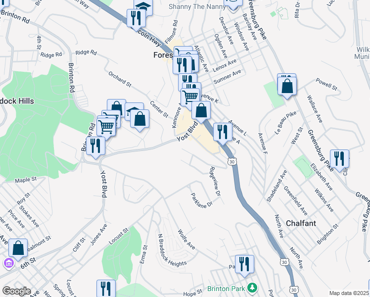 map of restaurants, bars, coffee shops, grocery stores, and more near 7 Radnor Avenue in Pittsburgh