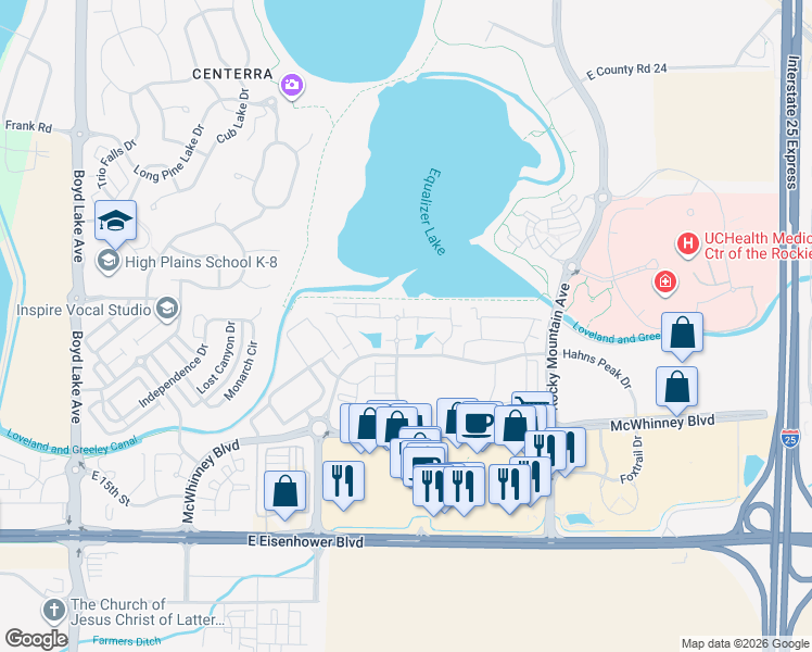 map of restaurants, bars, coffee shops, grocery stores, and more near 4850 Hahns Peak Drive in Loveland