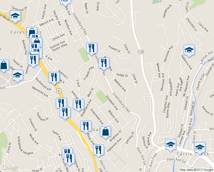 map of restaurants, bars, coffee shops, grocery stores, and more near 909 Greensburg Pike in East Pittsburgh