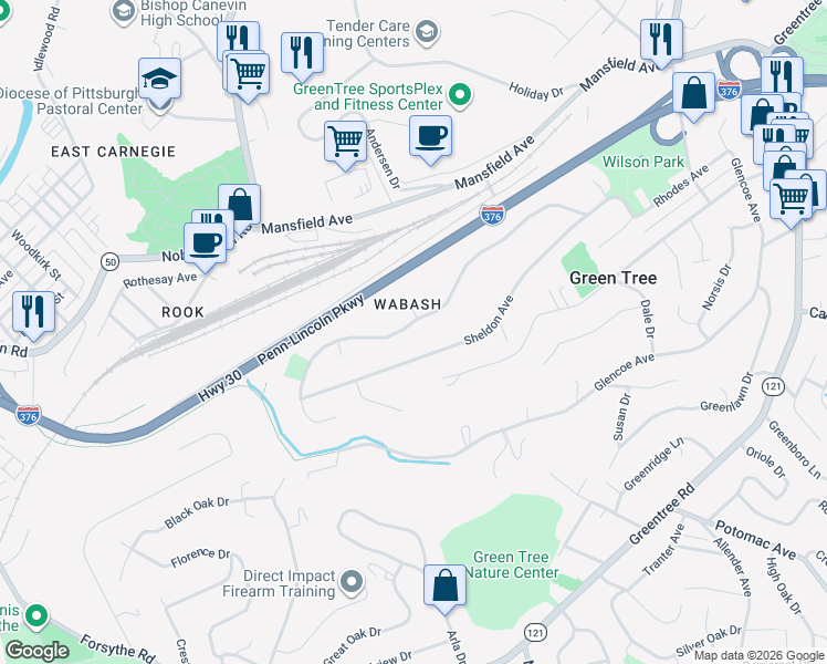 map of restaurants, bars, coffee shops, grocery stores, and more near 196 Sheldon Avenue in Pittsburgh
