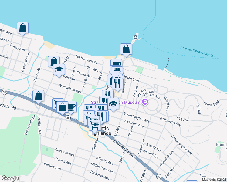 map of restaurants, bars, coffee shops, grocery stores, and more near 85 First Avenue in Atlantic Highlands