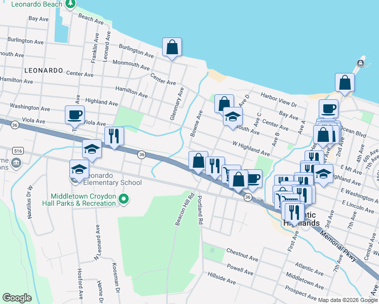 map of restaurants, bars, coffee shops, grocery stores, and more near 2 Kennedy Court in Atlantic Highlands