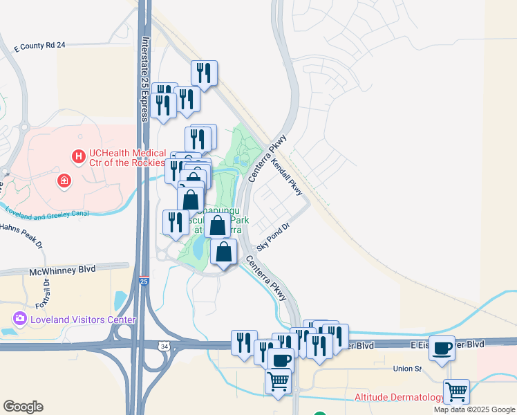 map of restaurants, bars, coffee shops, grocery stores, and more near 2025 Hopper Lane in Loveland