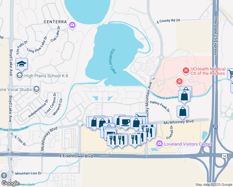 map of restaurants, bars, coffee shops, grocery stores, and more near 4955 Hahns Peak Drive in Loveland