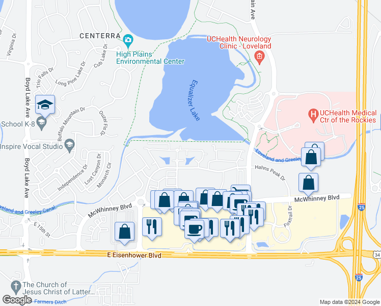 map of restaurants, bars, coffee shops, grocery stores, and more near 4850 Hahns Peak Drive in Loveland