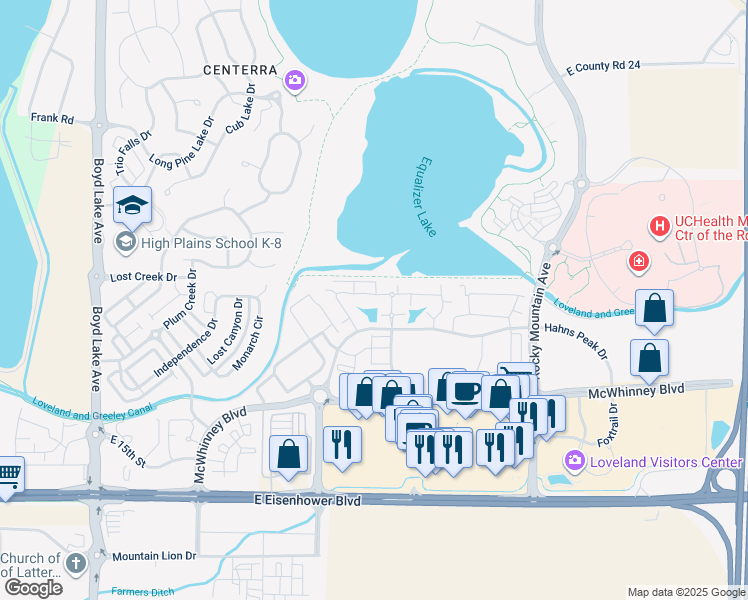 map of restaurants, bars, coffee shops, grocery stores, and more near in Loveland