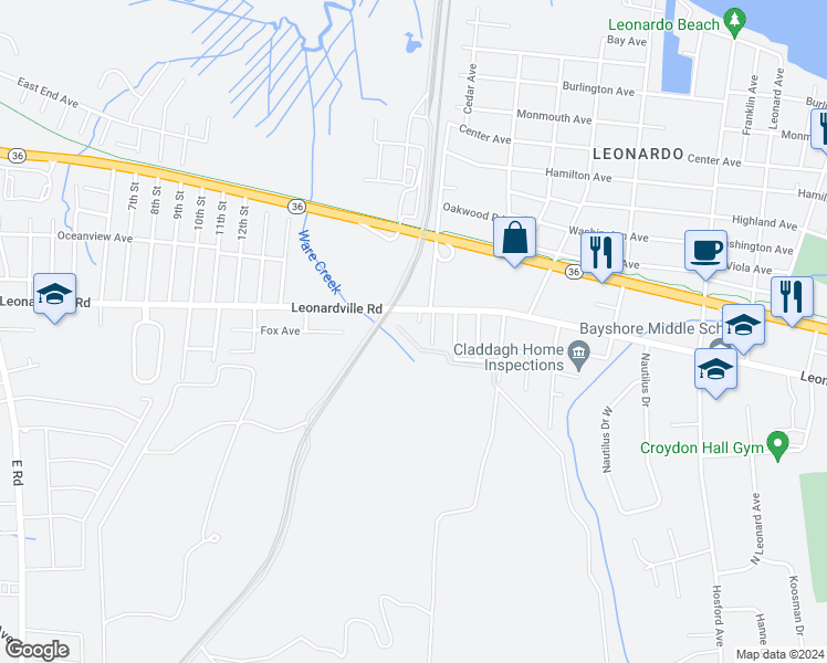 map of restaurants, bars, coffee shops, grocery stores, and more near 8 Glenwood Place in Leonardo