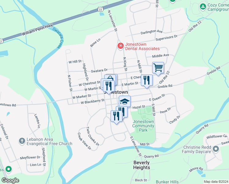 map of restaurants, bars, coffee shops, grocery stores, and more near in Jonestown