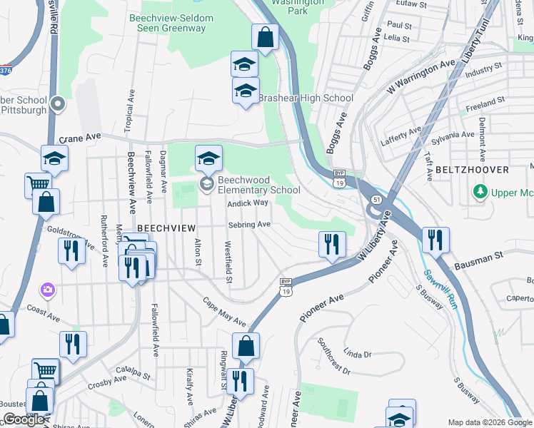 map of restaurants, bars, coffee shops, grocery stores, and more near 330 Platt Avenue in Pittsburgh