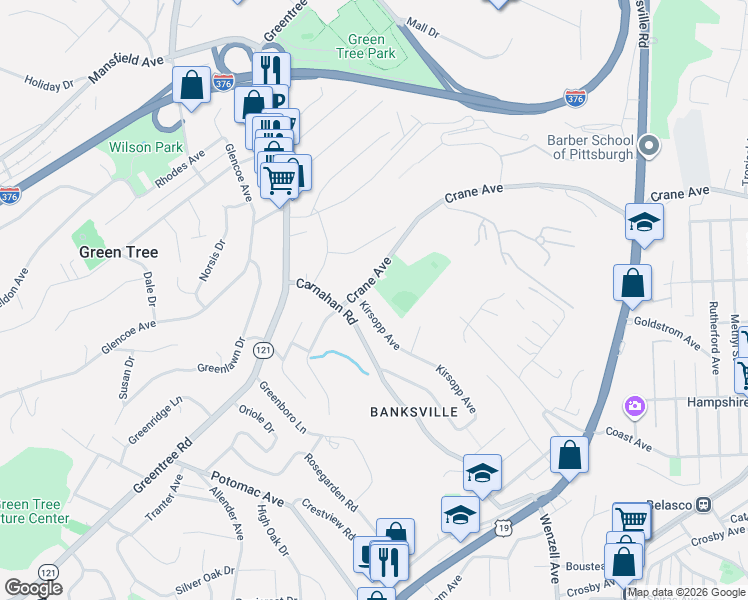 map of restaurants, bars, coffee shops, grocery stores, and more near 1337 Kirsopp Avenue in Pittsburgh