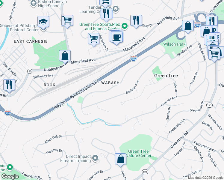 map of restaurants, bars, coffee shops, grocery stores, and more near 196 Sheldon Avenue in Pittsburgh