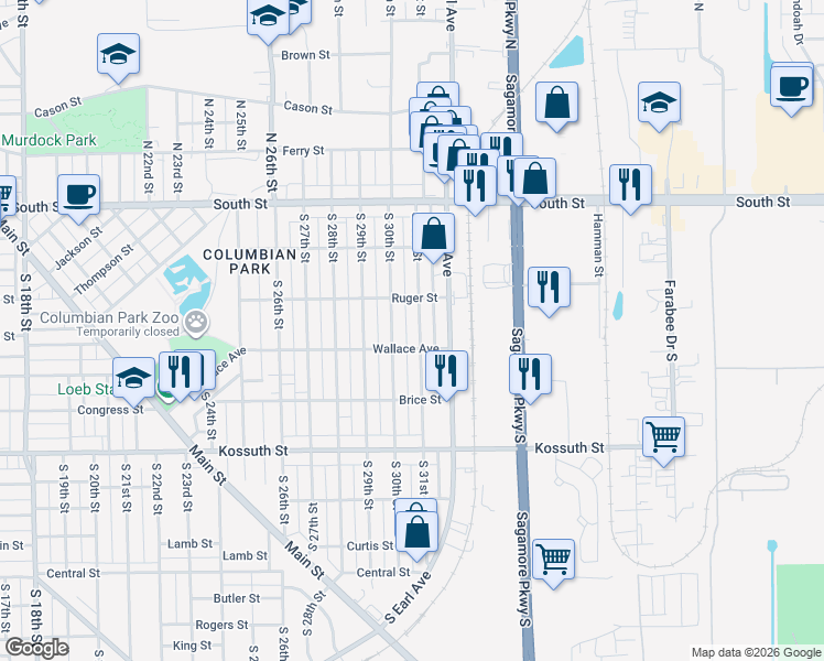 map of restaurants, bars, coffee shops, grocery stores, and more near 500 South 31st Street in Lafayette