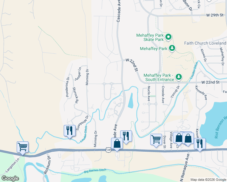 map of restaurants, bars, coffee shops, grocery stores, and more near 2084 Monte Vista Circle in Loveland