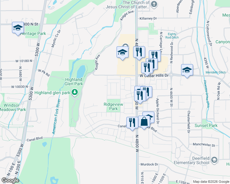map of restaurants, bars, coffee shops, grocery stores, and more near 4595 W Cedar Hills Dr in Pleasant Grove