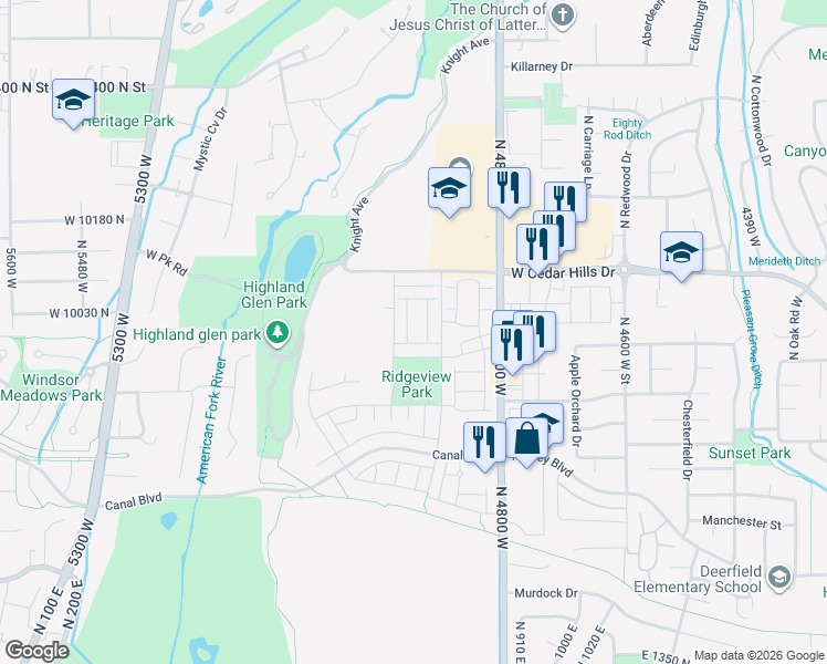 map of restaurants, bars, coffee shops, grocery stores, and more near 4595 W Cedar Hills Dr in Pleasant Grove