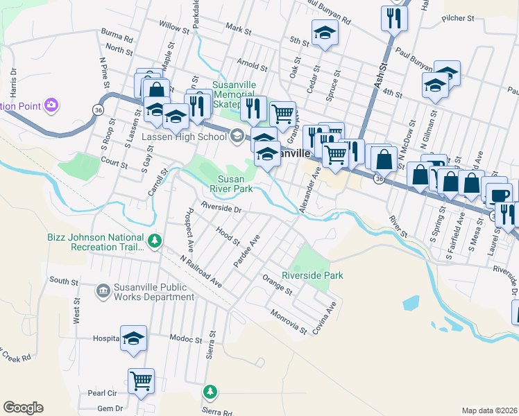 map of restaurants, bars, coffee shops, grocery stores, and more near 309 Pardee Avenue in Susanville