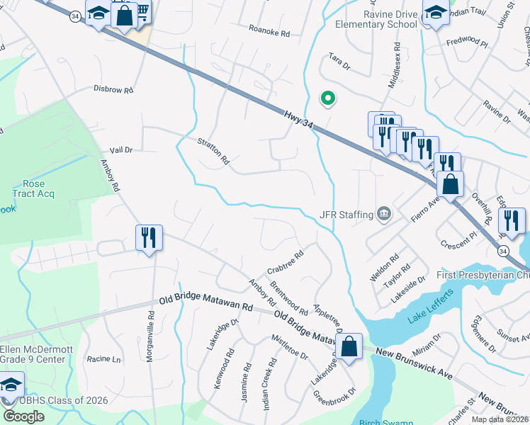 map of restaurants, bars, coffee shops, grocery stores, and more near 16 Edgewood Road in Matawan