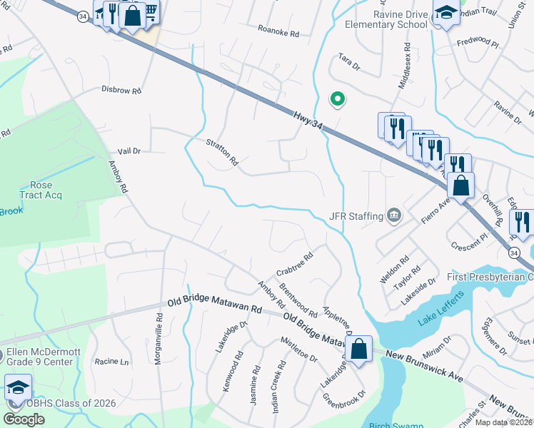 map of restaurants, bars, coffee shops, grocery stores, and more near 24 Edgewood Road in Matawan