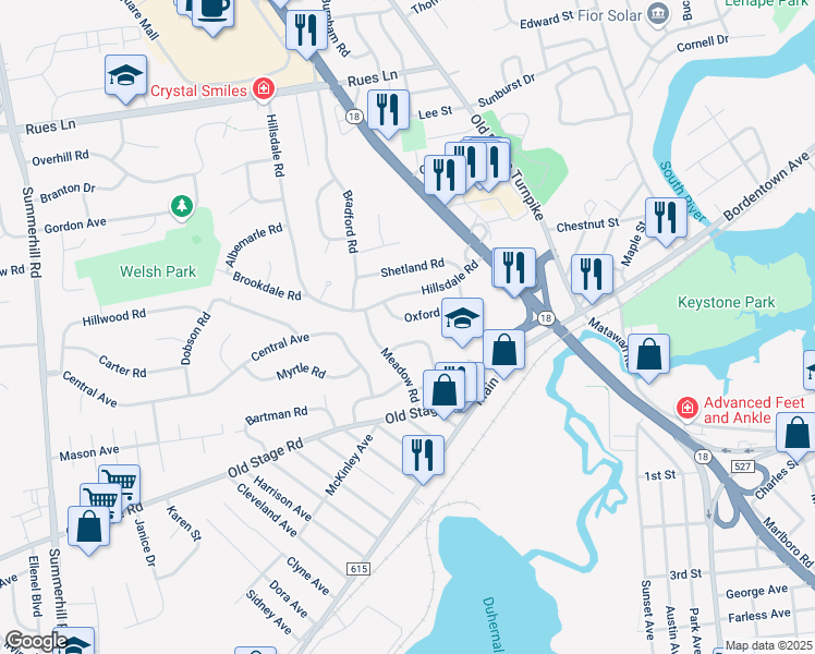 map of restaurants, bars, coffee shops, grocery stores, and more near 24 Diamond Court in East Brunswick