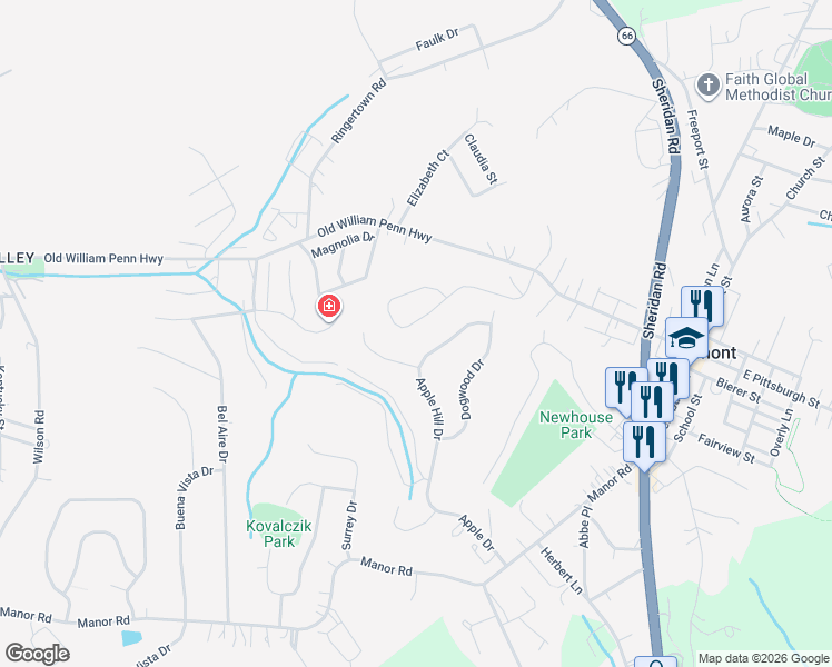 map of restaurants, bars, coffee shops, grocery stores, and more near 249 Apple Hill Drive in Delmont