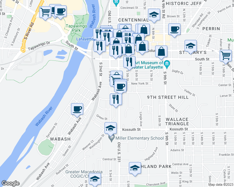map of restaurants, bars, coffee shops, grocery stores, and more near 402 South 4th Street in Lafayette