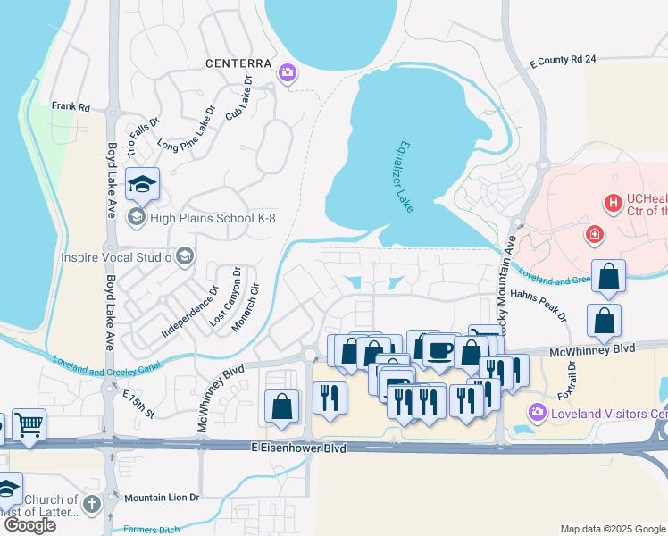 map of restaurants, bars, coffee shops, grocery stores, and more near 4745 Hahns Peak Drive in Loveland