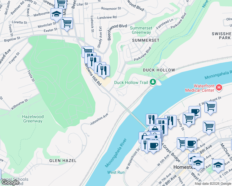 map of restaurants, bars, coffee shops, grocery stores, and more near 52 Garetta Street in Pittsburgh