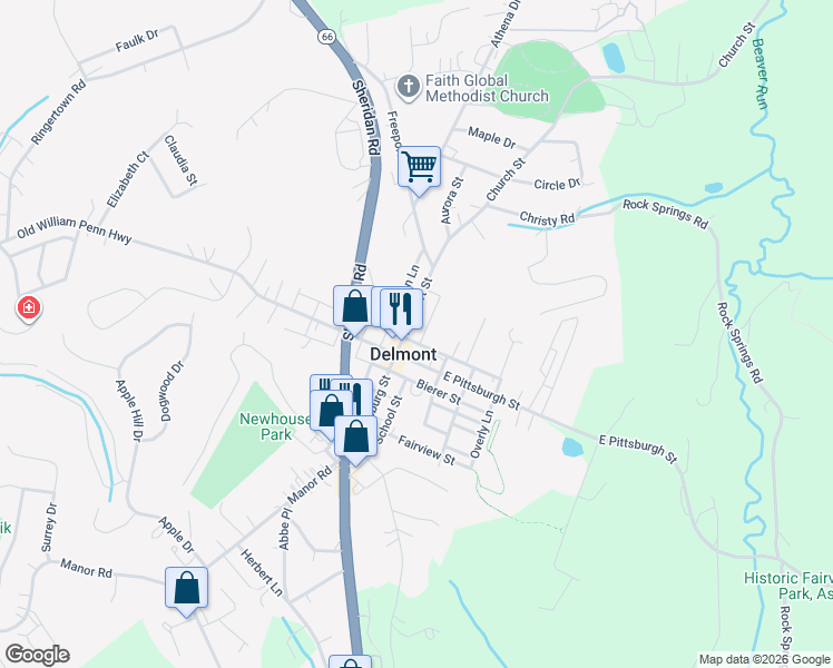 map of restaurants, bars, coffee shops, grocery stores, and more near in Delmont