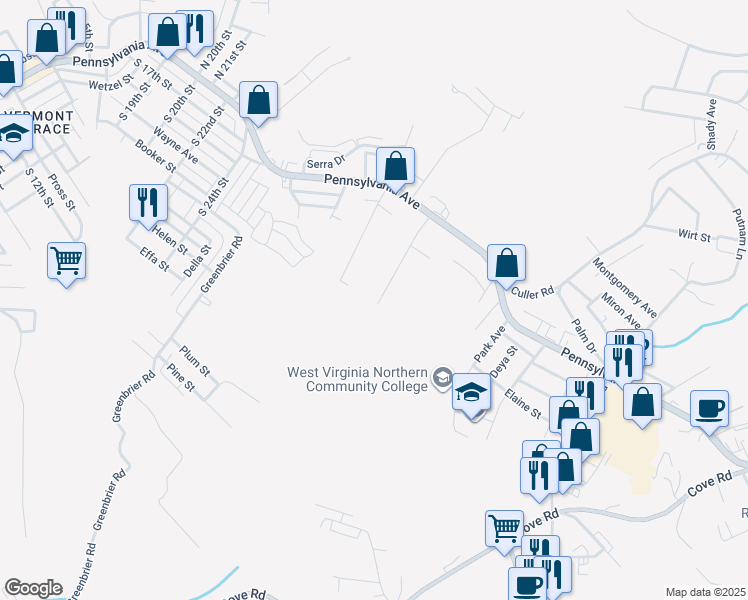 map of restaurants, bars, coffee shops, grocery stores, and more near 146 McHendry Street in Weirton