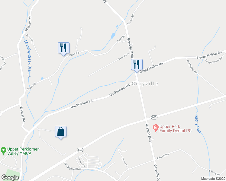 map of restaurants, bars, coffee shops, grocery stores, and more near 2523 Quakertown Road in Pennsburg