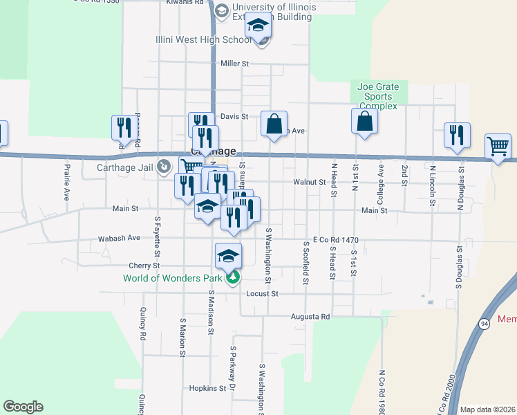 map of restaurants, bars, coffee shops, grocery stores, and more near 98 North Adams Street in Carthage