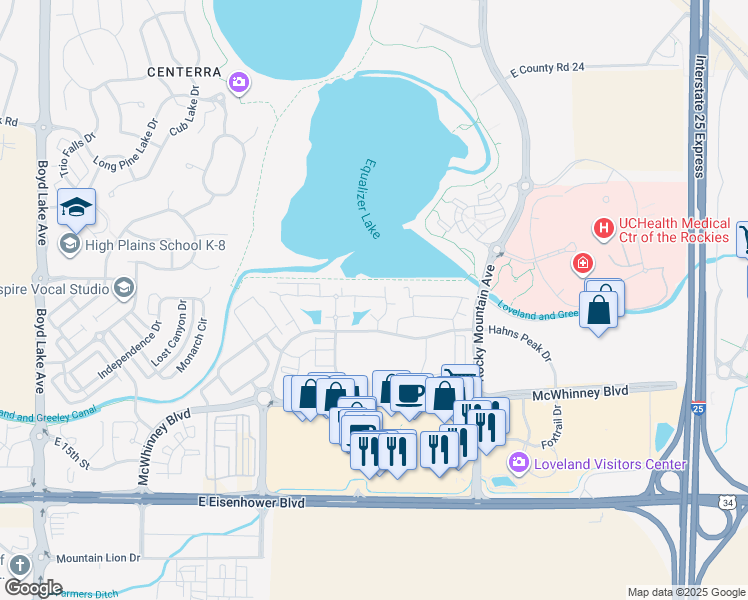 map of restaurants, bars, coffee shops, grocery stores, and more near 4865 Hahns Peak Drive in Loveland