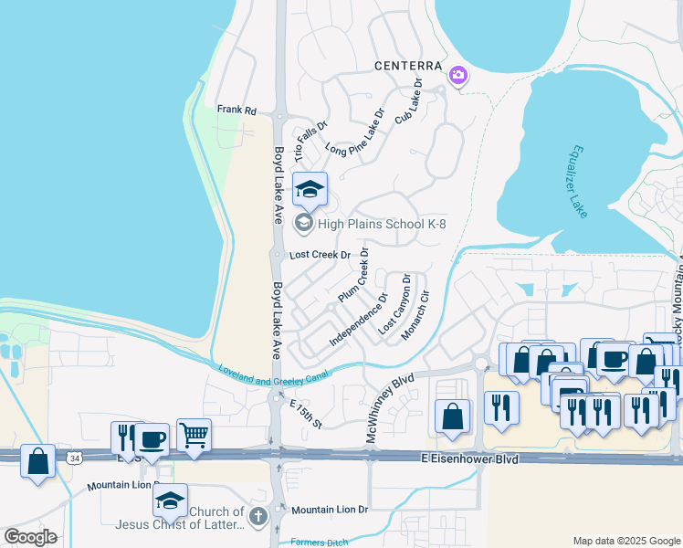 map of restaurants, bars, coffee shops, grocery stores, and more near 4178 Buffalo Mountain Drive in Loveland