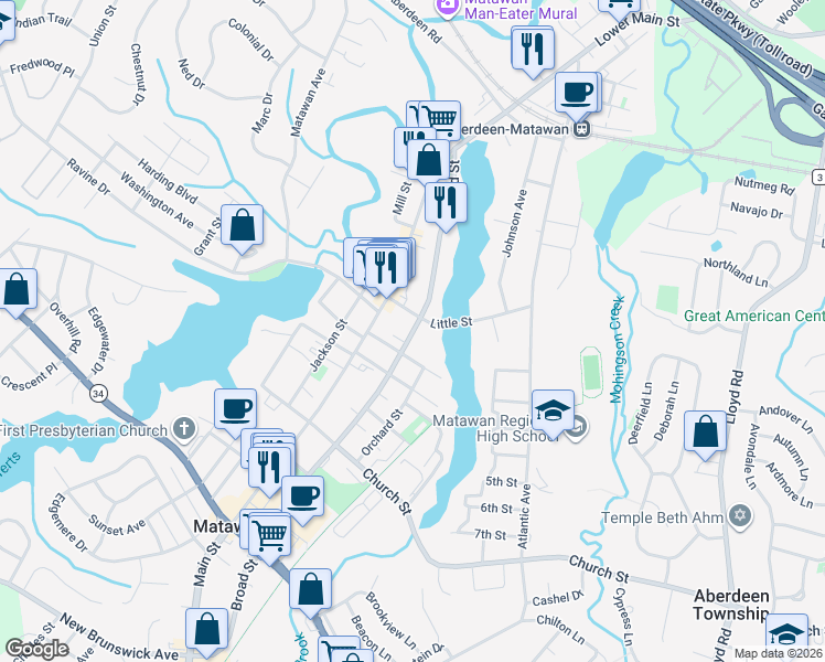 map of restaurants, bars, coffee shops, grocery stores, and more near in Matawan