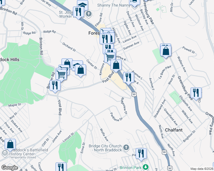 map of restaurants, bars, coffee shops, grocery stores, and more near 114 Yost Boulevard in Pittsburgh