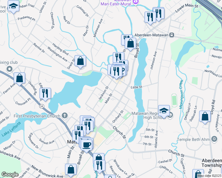 map of restaurants, bars, coffee shops, grocery stores, and more near 154 Main Street in Matawan