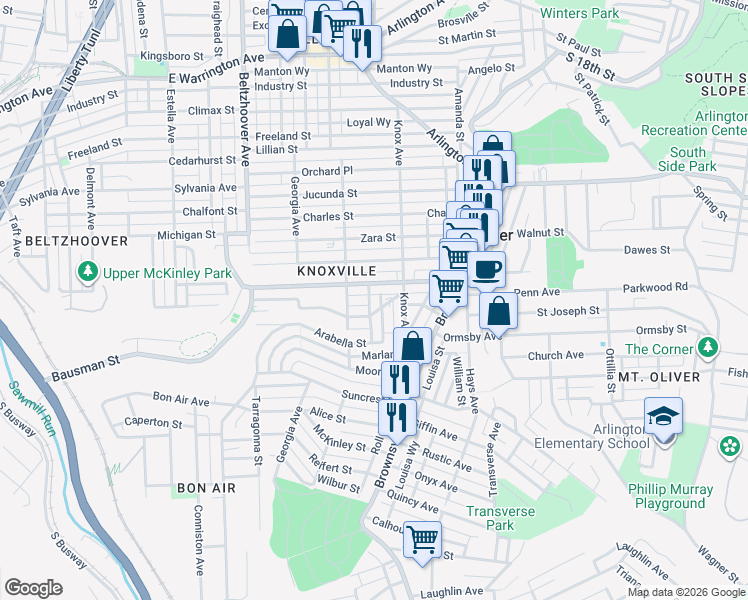 map of restaurants, bars, coffee shops, grocery stores, and more near 259 Bausman Street in Pittsburgh