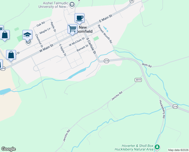 map of restaurants, bars, coffee shops, grocery stores, and more near 300 South Carlisle Street in New Bloomfield