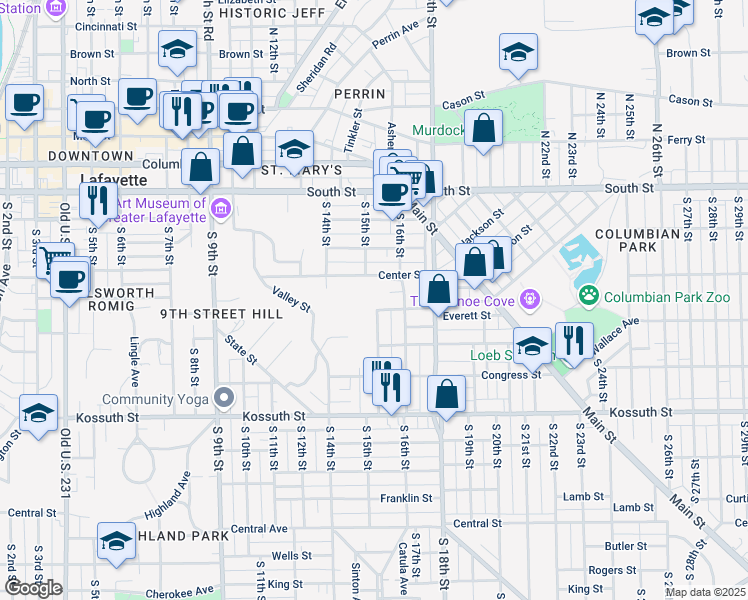 map of restaurants, bars, coffee shops, grocery stores, and more near 1503 Center Street in Lafayette