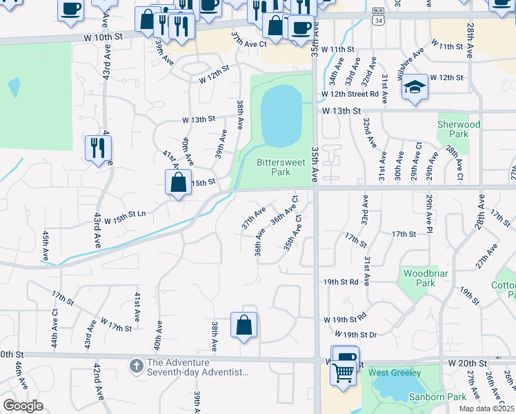 map of restaurants, bars, coffee shops, grocery stores, and more near 3711 West 16th Street Road in Greeley