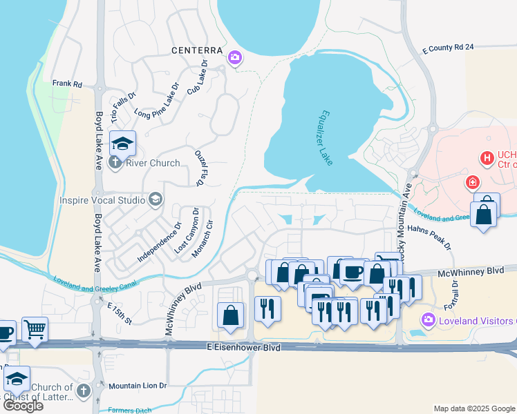 map of restaurants, bars, coffee shops, grocery stores, and more near 4655 Hahns Peak Drive in Loveland