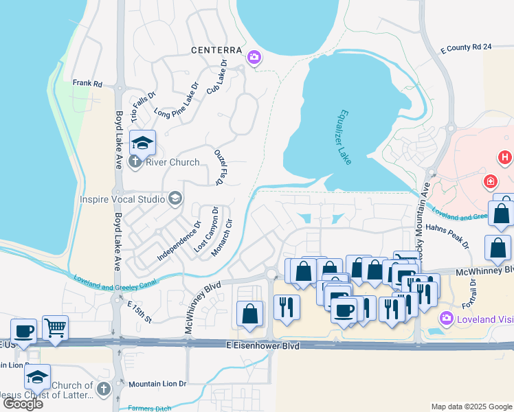 map of restaurants, bars, coffee shops, grocery stores, and more near 2155 Grays Peak Drive in Loveland