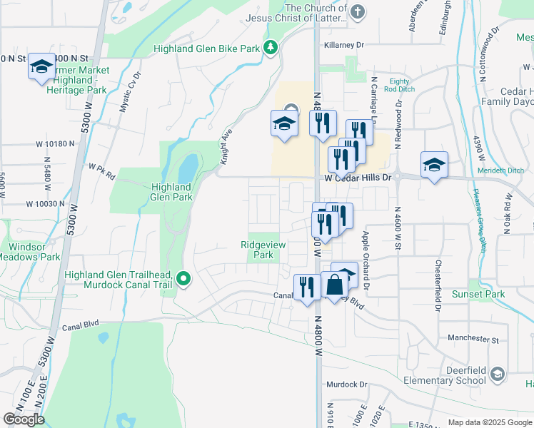 map of restaurants, bars, coffee shops, grocery stores, and more near Cedar Hills Drive in Highland