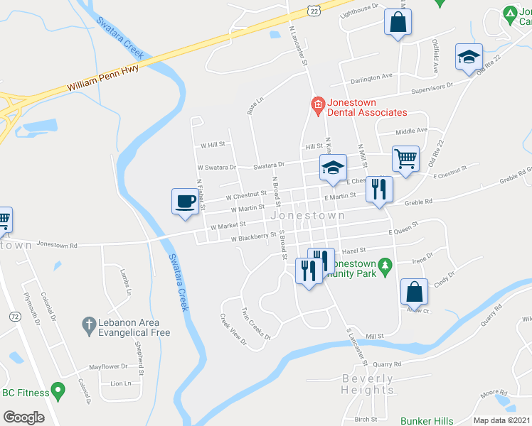 map of restaurants, bars, coffee shops, grocery stores, and more near 100 West Chestnut Street in Jonestown