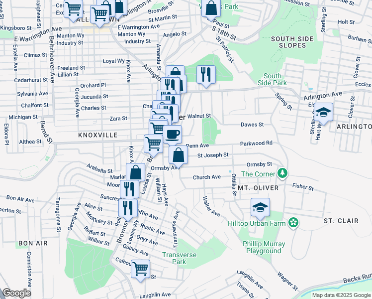 map of restaurants, bars, coffee shops, grocery stores, and more near 134 Sherman Avenue in Mount Oliver